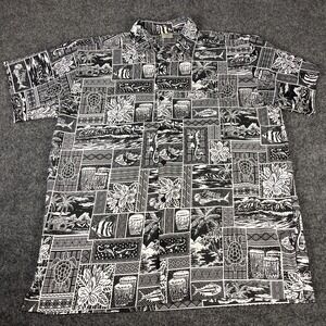 Rima Hawaiian Shirt Mens Large Black White Terivoile Tropical Turtle Beach Camp